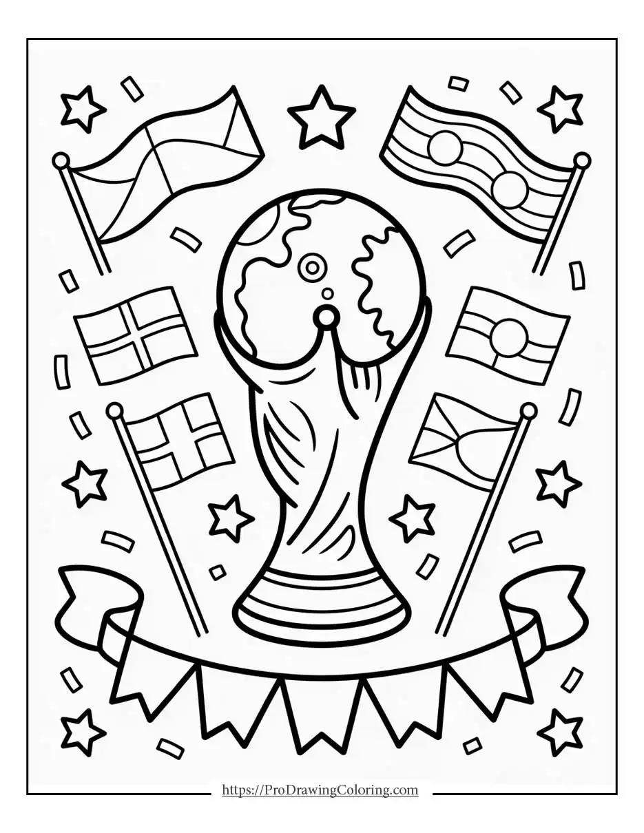 Illustration of a world cup style trophy surrounded by waving national flags and festive stars