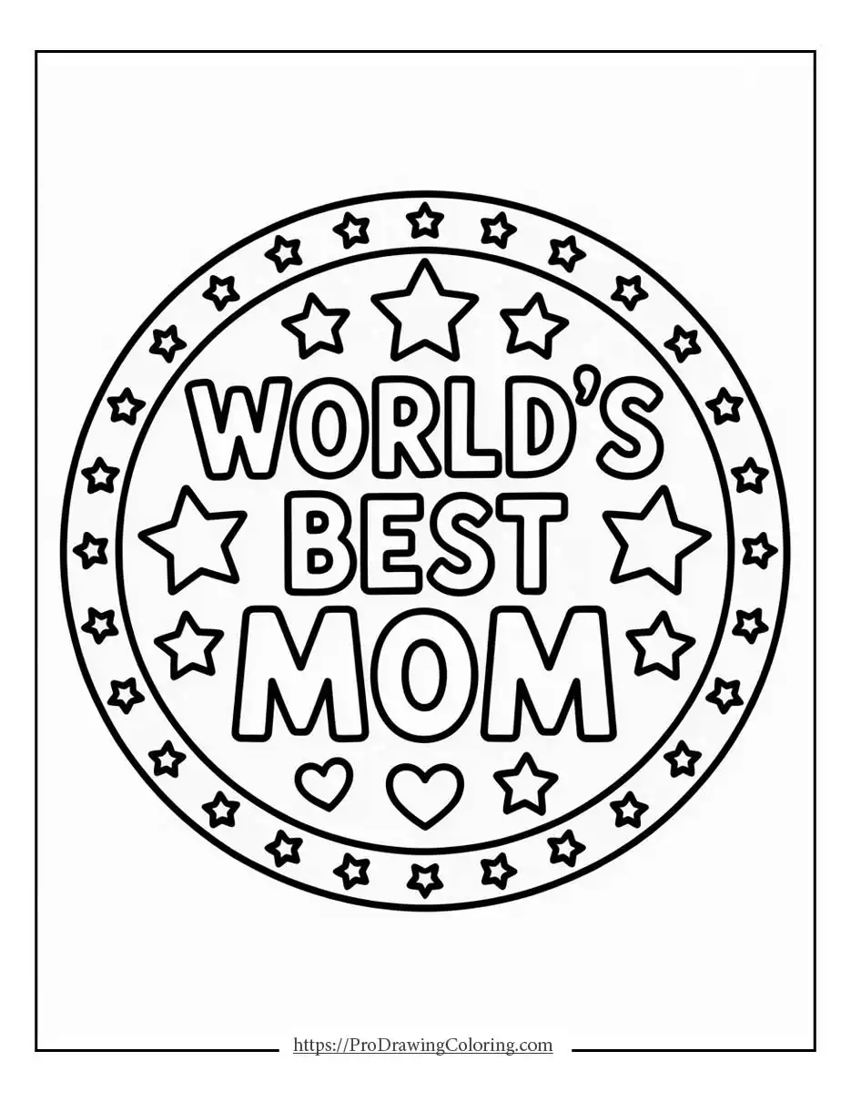 Circular badge with stars and hearts honoring mom on Mothers Day