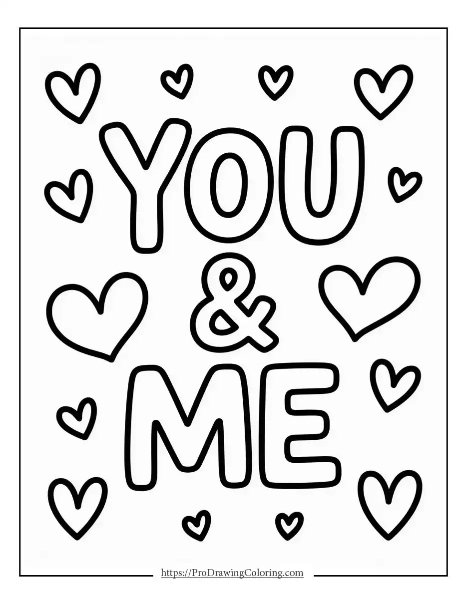 Valentine’s Day love text with hearts around the words you and me