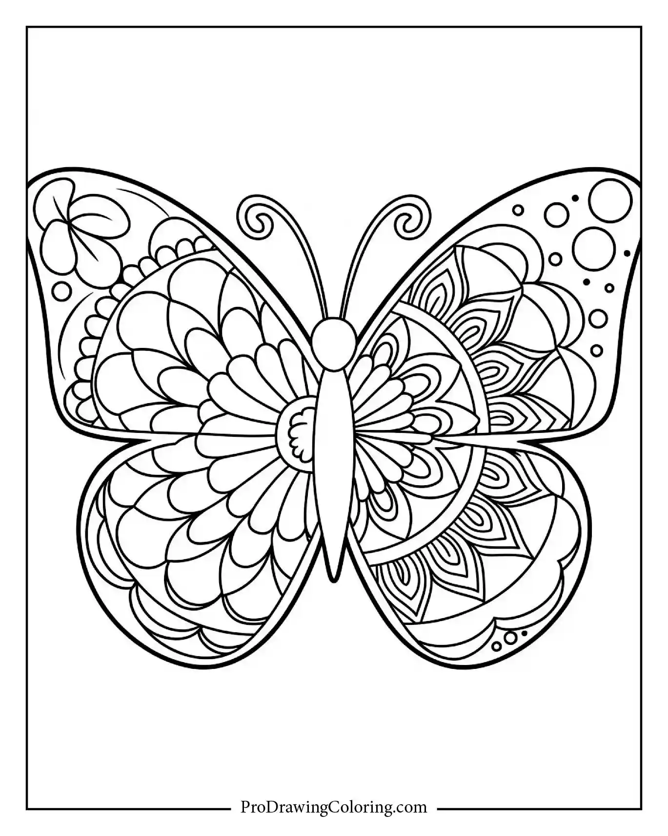 Zen mandala butterfly with layered petal and swirl patterns, relaxing coloring page.