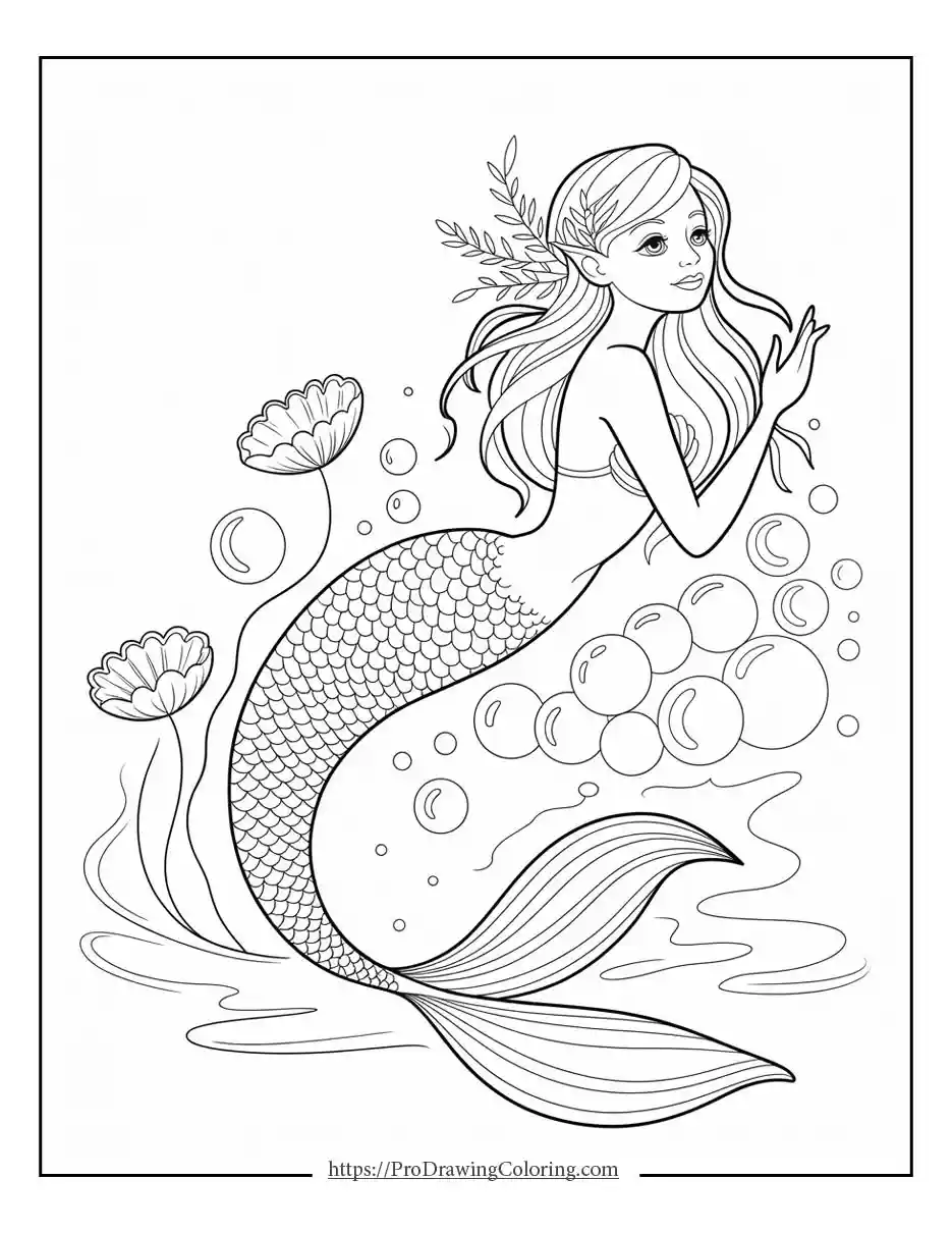 Zen style mermaid floating among bubbles, relaxing and artistic coloring page