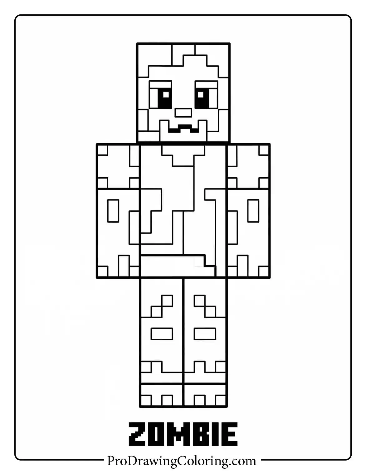 Minecraft zombie coloring page showing a close-up portrait of a blocky zombie with detailed pixels and a classic undead expression.