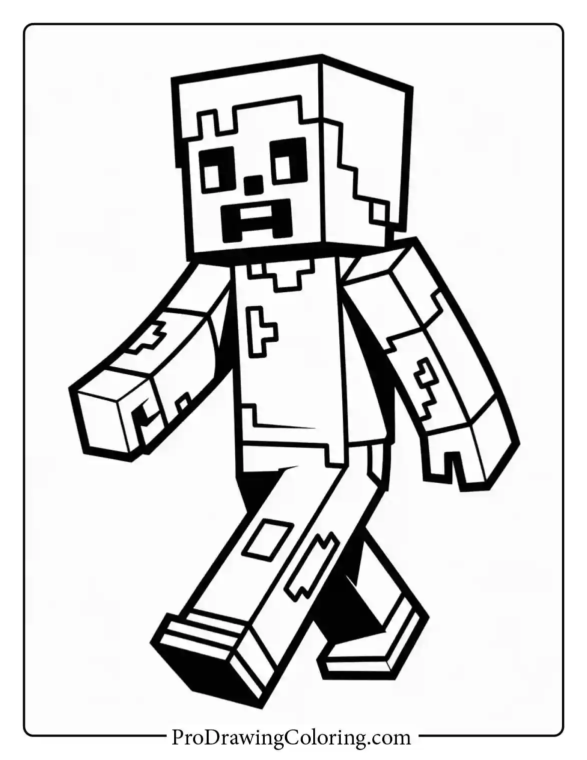 Free minecraft coloring pages showing a zombie walking through a forest biome, looking for players in the dark woods to scare.